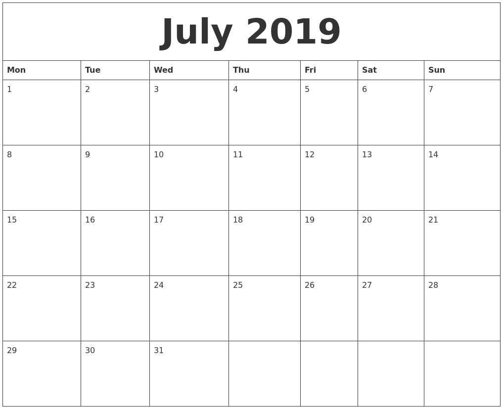 July 2019 Calendar within Printable July Through August Calendars