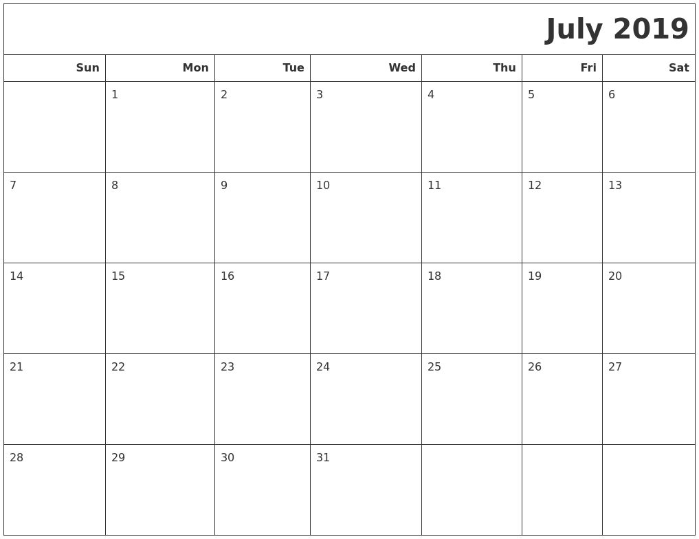 July 2019 Calendars To Print throughout July Calendar Monday To Sunday