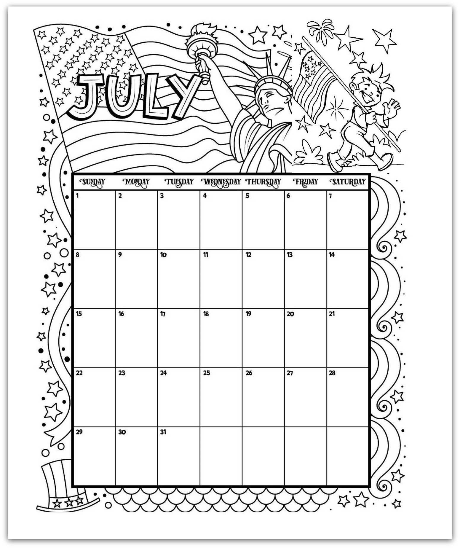 July 2019 Coloring Page Printable Calendar | Planning 2017-2019 for Free Coloring Calendars For June