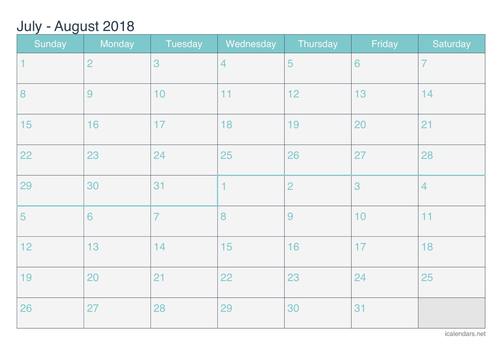 July And August 2018 Printable Calendar - Icalendars inside July And August Blank Calendar