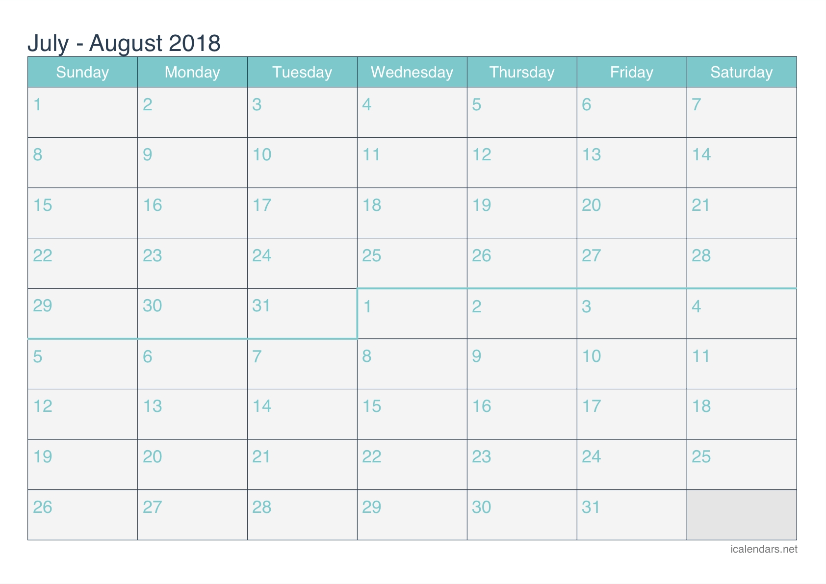 July And August 2018 Printable Calendar - Icalendars inside Month Of August Calendar With Lines
