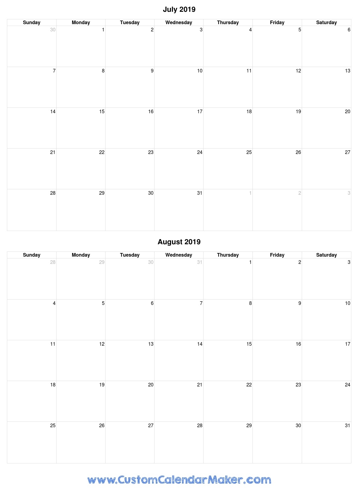 July And August 2019 Free Printable Calendar Template regarding Printable July Through August Calendars