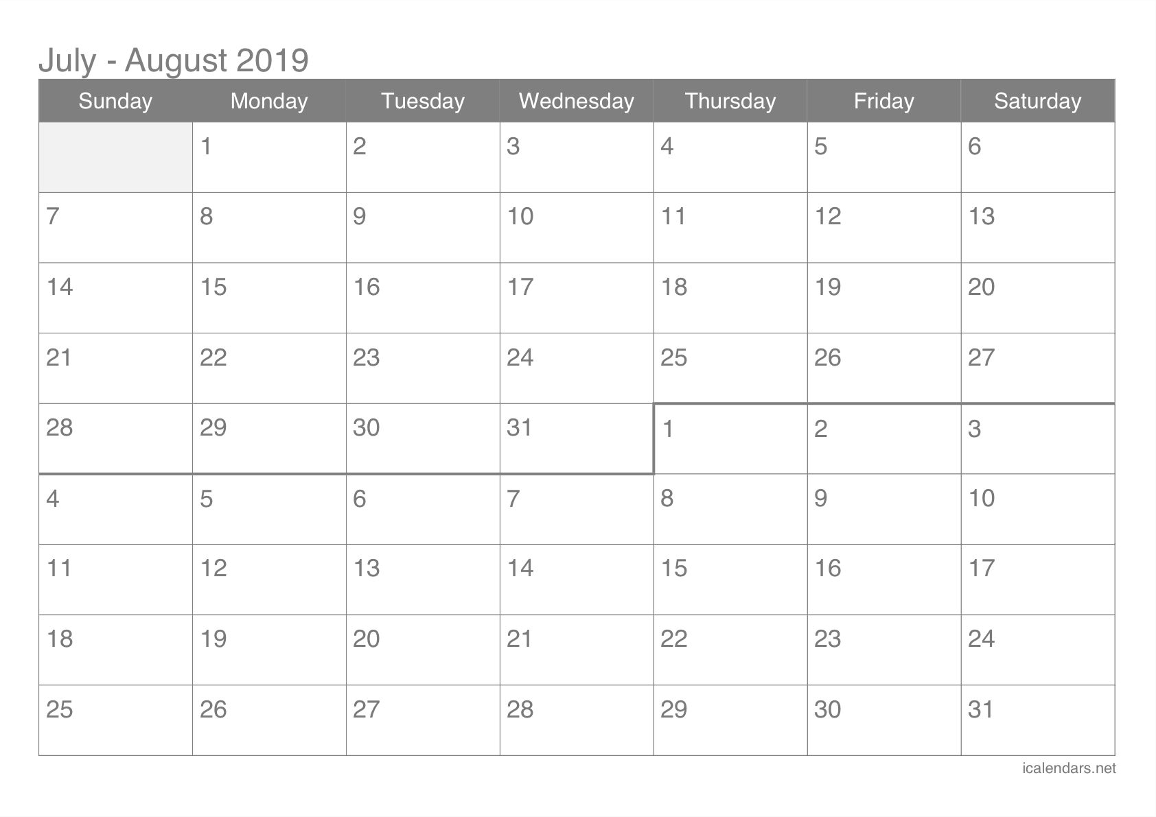 July And August 2019 Printable Calendar - Icalendars for Small Calender For July And Agust