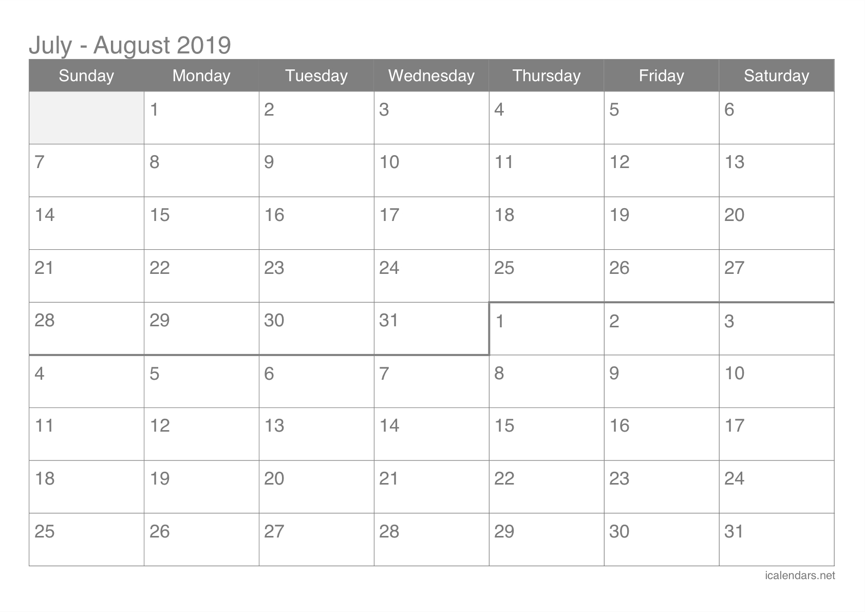 July And August 2019 Printable Calendar - Icalendars intended for Printable July Through August Calendars