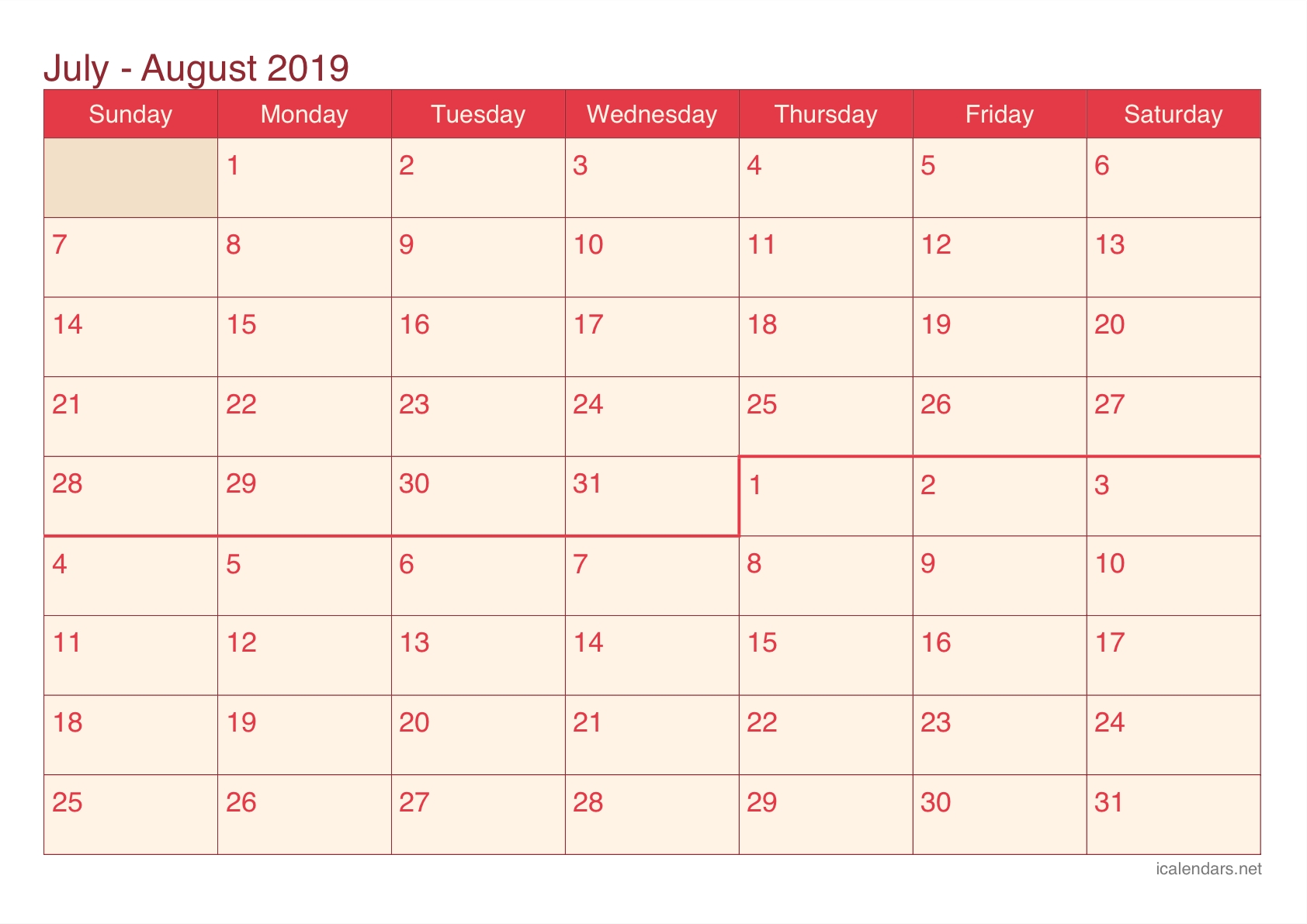 July And August 2019 Printable Calendar - Icalendars throughout July And August Blank Calendar