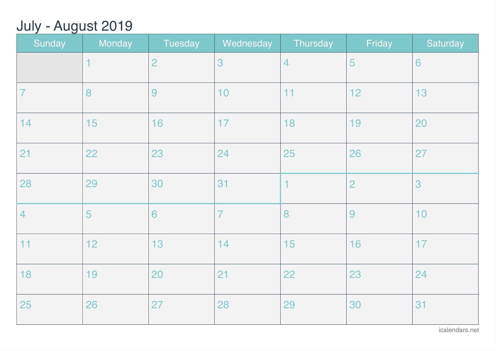 July And August 2019 Printable Calendar - Icalendars throughout Printable July Through August Calendars