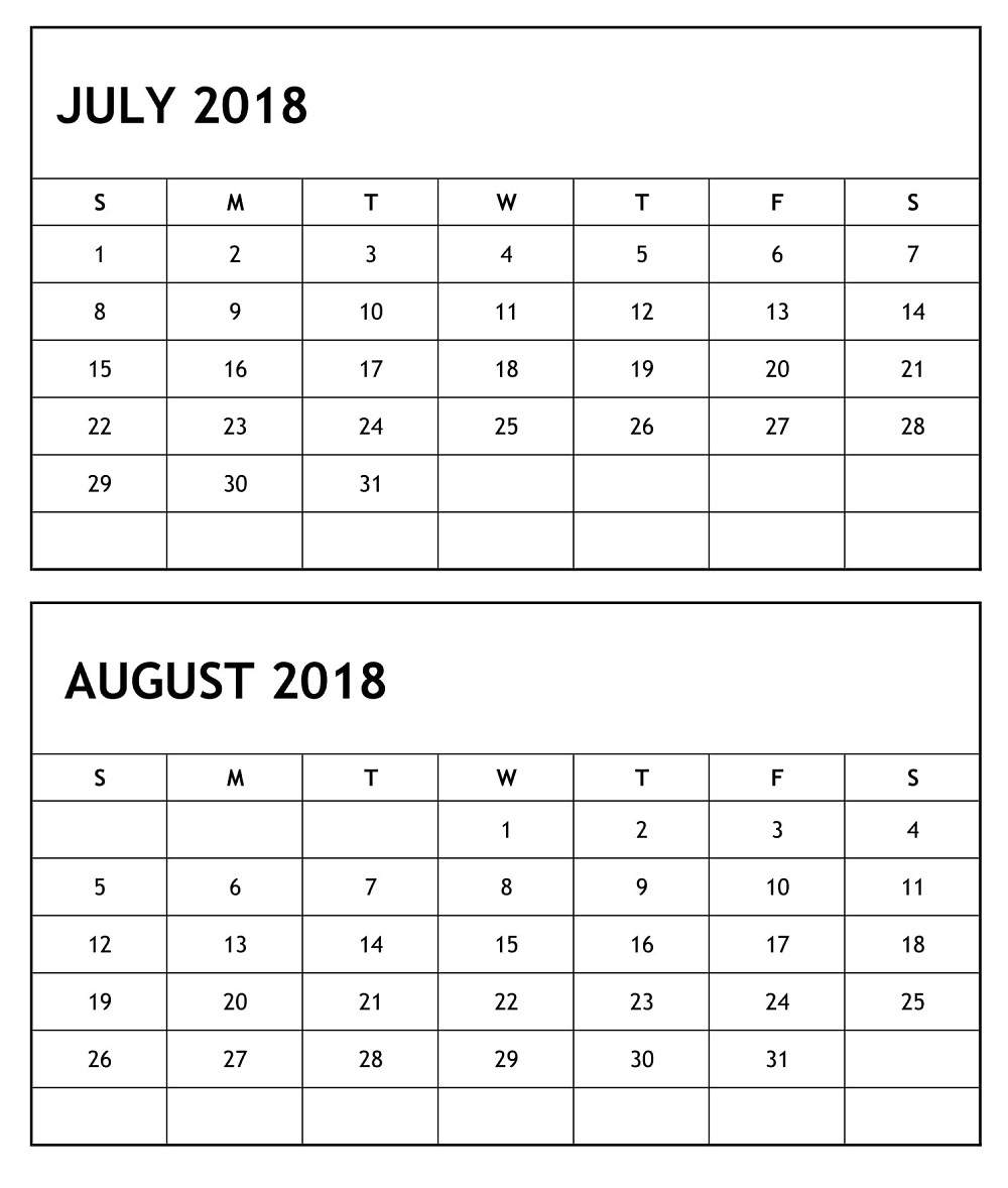 July August 2018 Calendar – 2 Months Printable Template - July 2019 with Printable July Through August Calendars