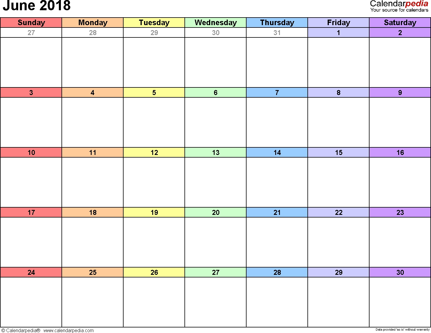 June 2018 Calendars For Word, Excel &amp; Pdf pertaining to Empty Appointment Calendar One Month