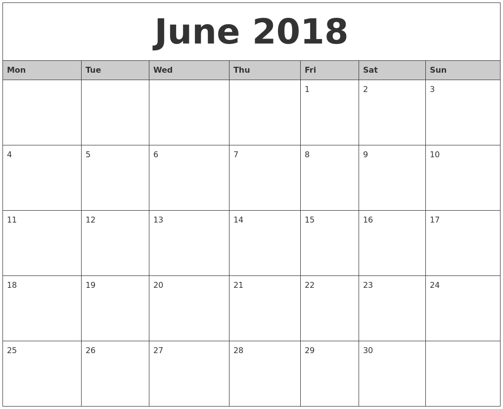 June 2018 Monthly Calendar Printable In Printable Monthly Calendar within Month Calendar Beginning On Monday