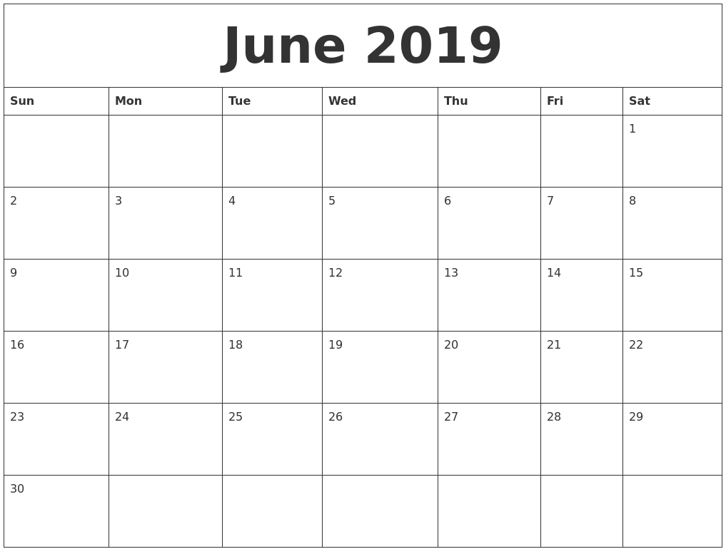 June 2019 Free Printable Monthly Calendar with Full Page Monthly Calendar Printable