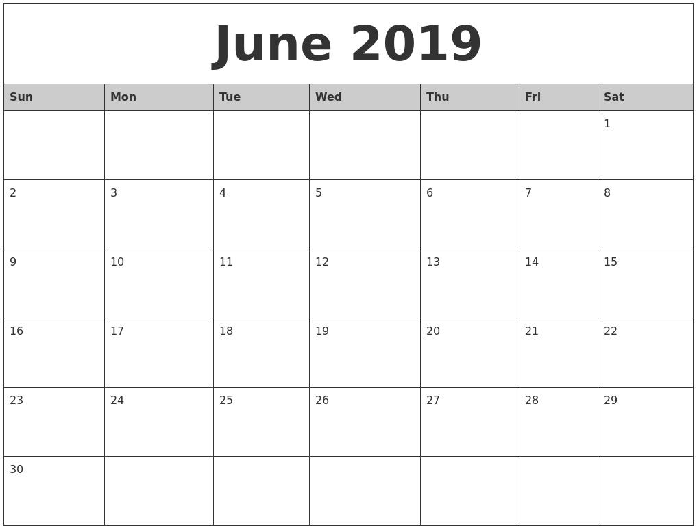 June 2019 Monthly Calendar Printable within June And July Calendar Printable