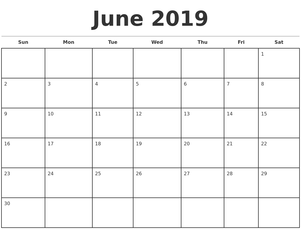 June 2019 Monthly Calendar Template in Blank Monthly Calendar Monday Start