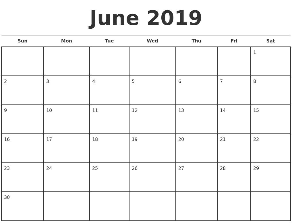 June 2019 Monthly Calendar Template intended for Month To Month Calendar Printable