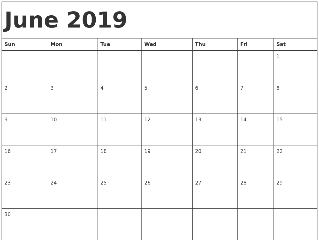 June 2019 Printable Calendar Templates - Free Pdf Holidays - Free intended for Free Fillable Blank Calendar Templates