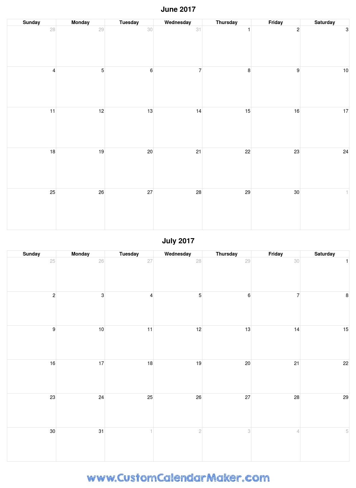 June And July 2017 Free Printable Calendar with regard to June And July Calendar Printable