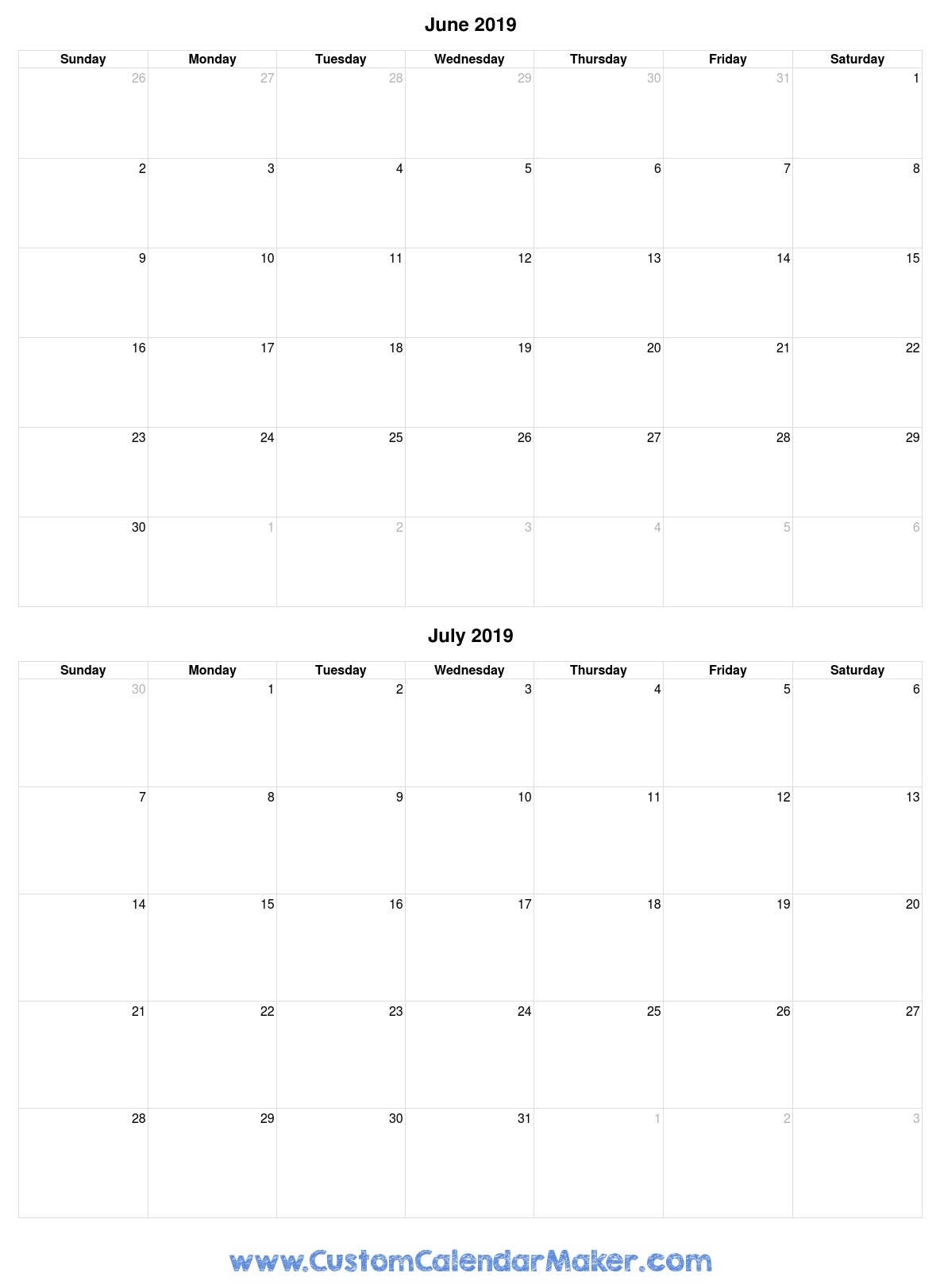 June And July 2019 Free Printable Calendar Template throughout Calendar For June And July