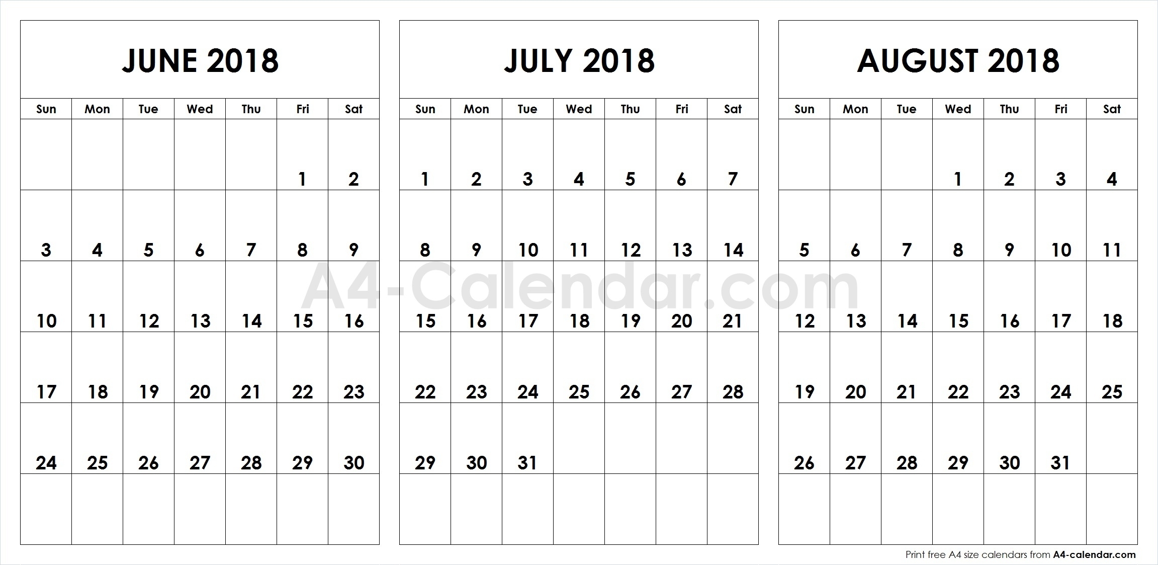 June July August 2018 A4 Calendar | 3 Month Calendar Template throughout 3 Month Printable Calendar June July August