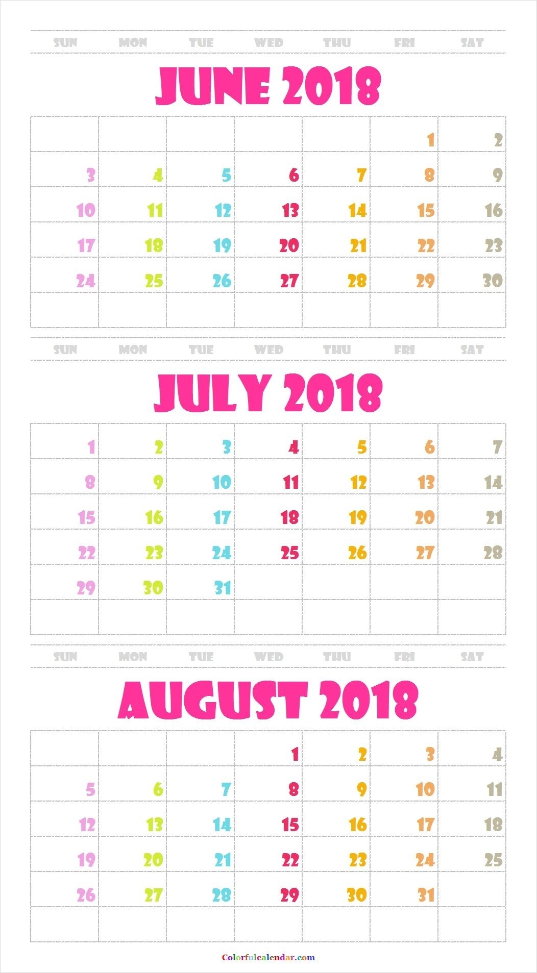 June July August 2018 Calendar With Color | 31 Calendar | August intended for August Printable Images To Color