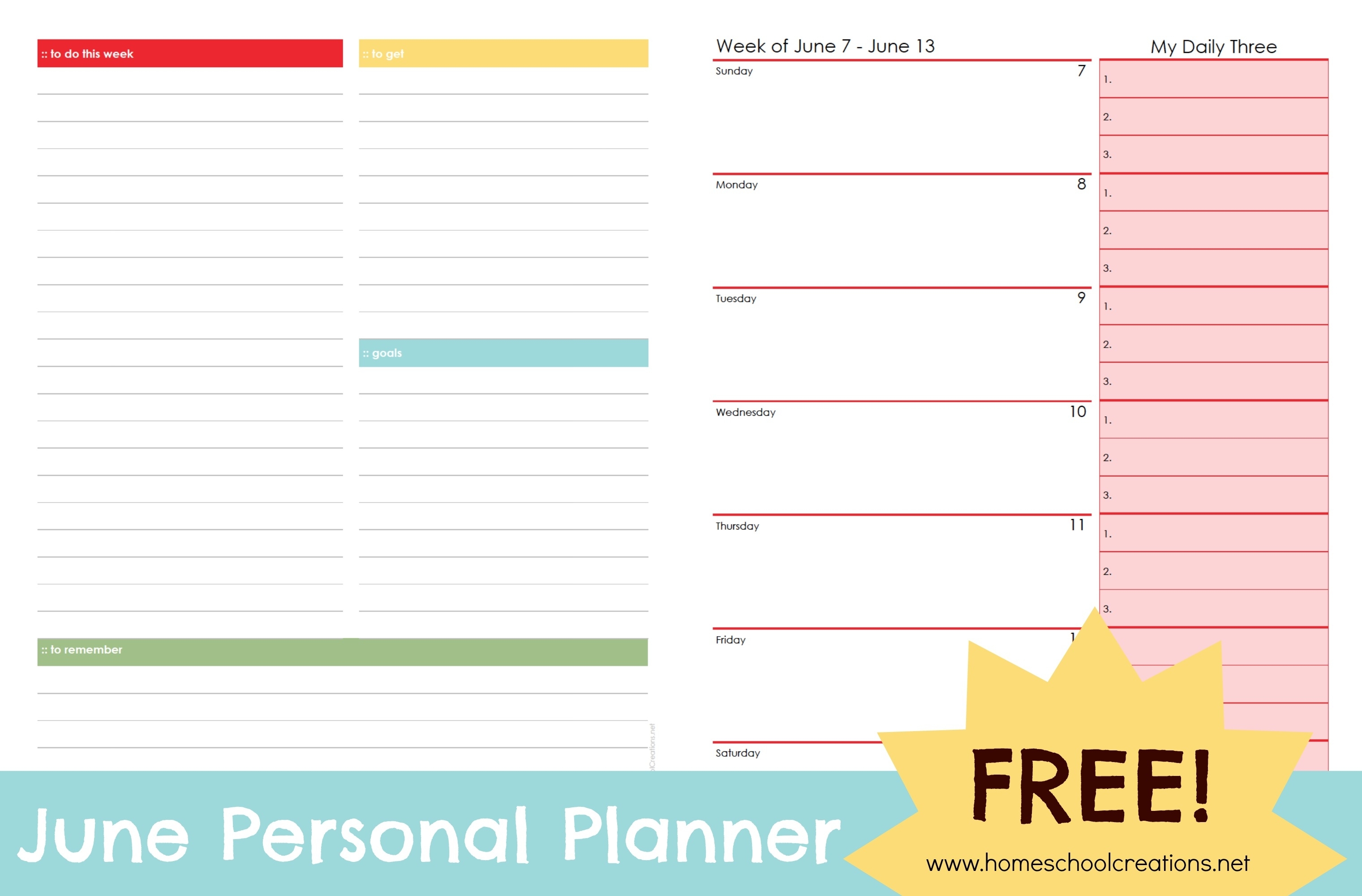 June Personal Planner Pages - Free Printable intended for Free Printable Daily Planner Page Half