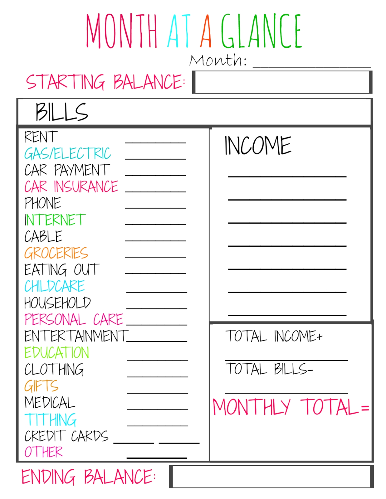 Little Bits Of Sunshine: Free Monthly Budgeting Printable | House for Month At A Glance Bill Organizer