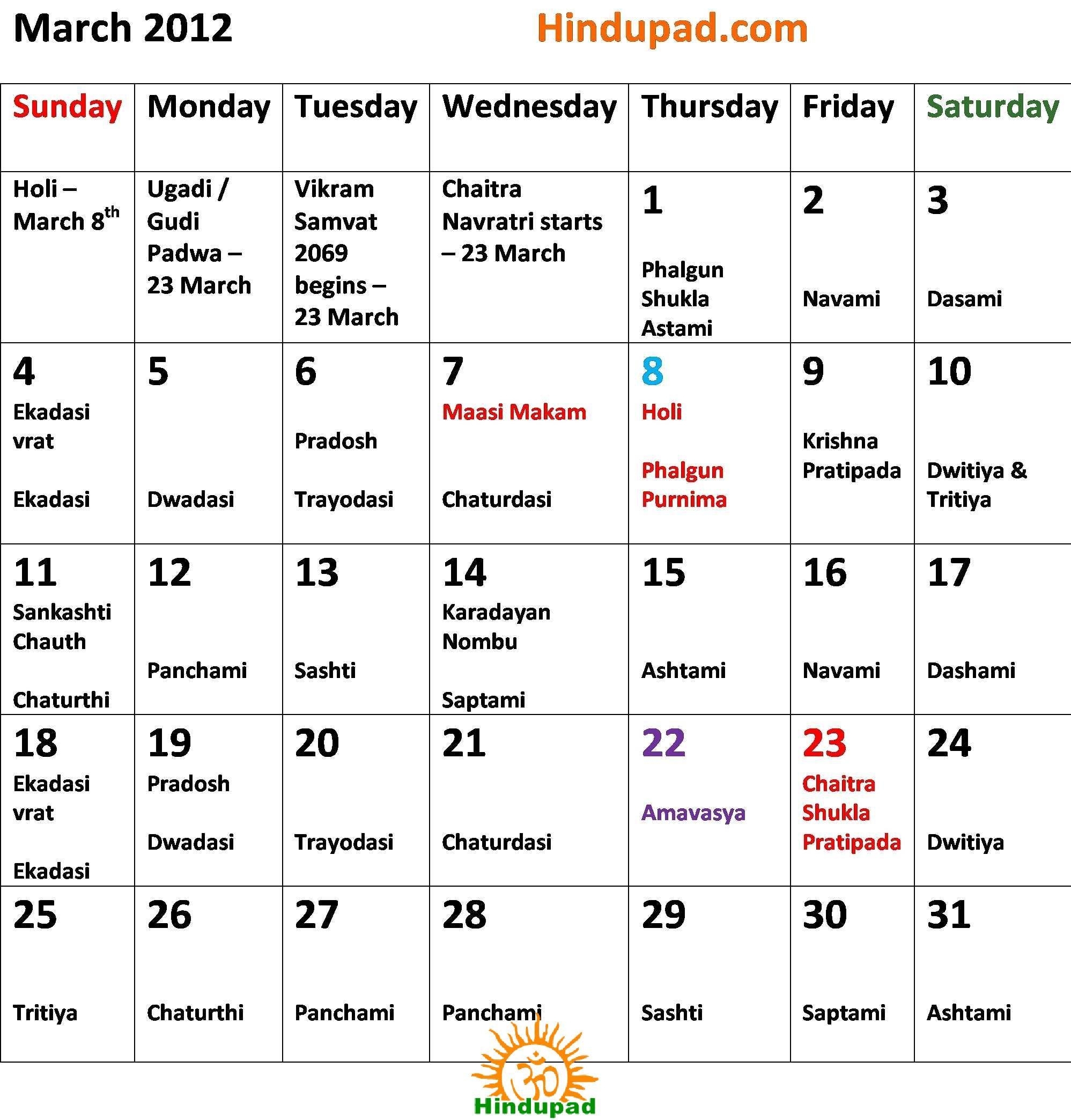 March 2012 Hindu Calendar With Tithi, Desktop Calendar March 2012 inside Hindu Calendar With Tithi 2012 March