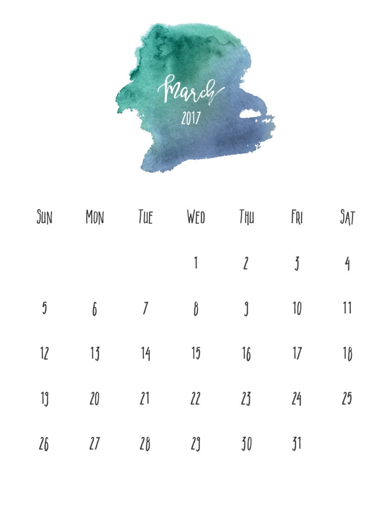 March 2017 Free Watercolor Pretty Printable Calendar Sheet || Marino for March Childrens Calendar Watercolor Png