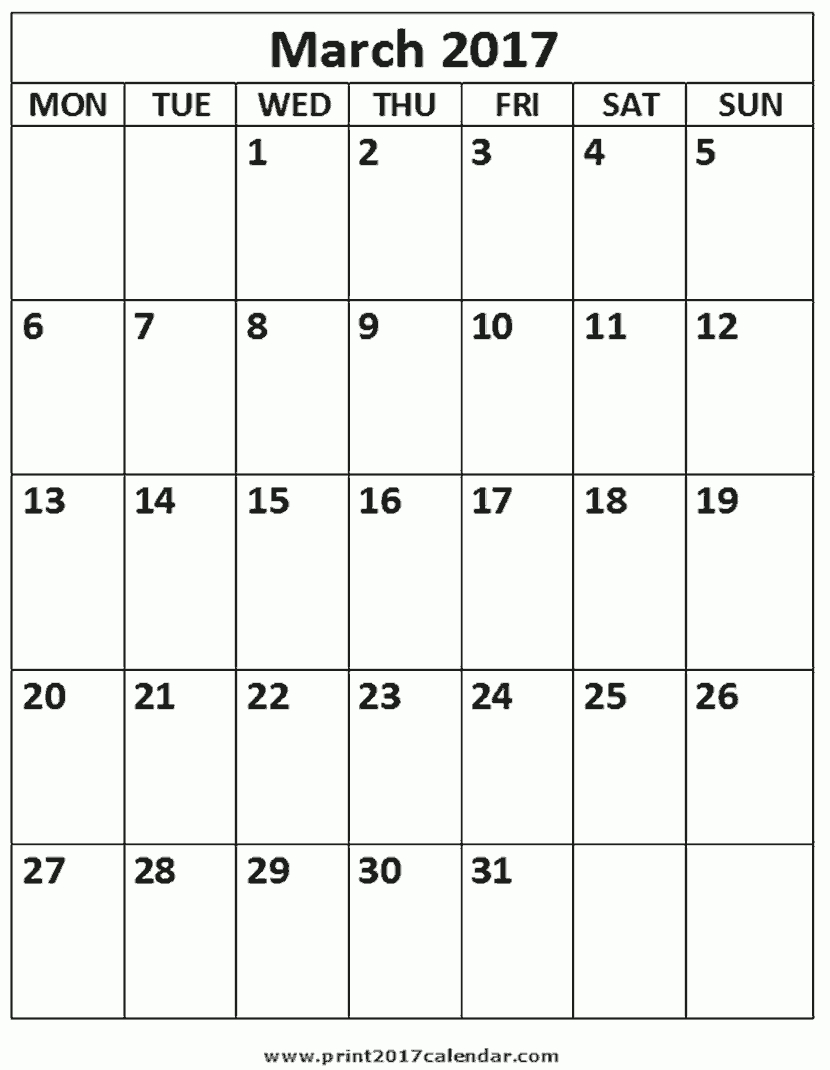 March 2017 Printable Calendar throughout Calendar Blank Printable Monday Start A4