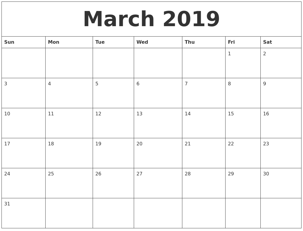 March 2019 Large Printable Calendar throughout Large Empty Monthly Calendar Monday Start