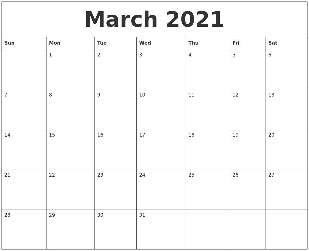 March 2021 Blank Monthly Calendar Template inside Template For Calendar By Month