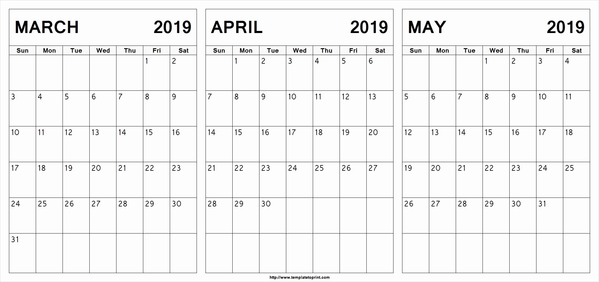 March April May 2019 Calendar Printable #march #april #may in Blank 3 Month Calendar Template