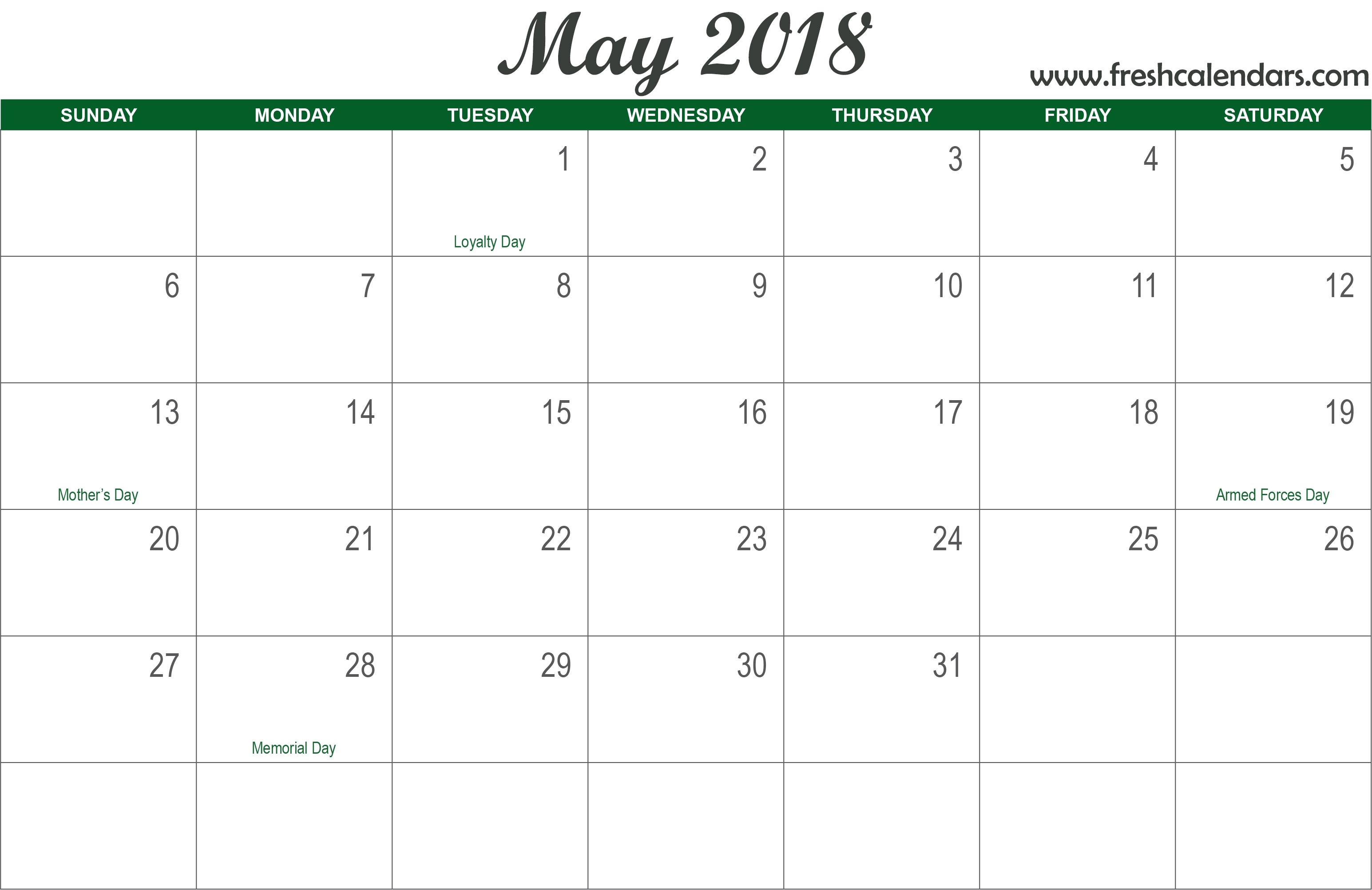 May 2018 Calendar Printable - Fresh Calendars inside Free Template Printable Calendar Numbers