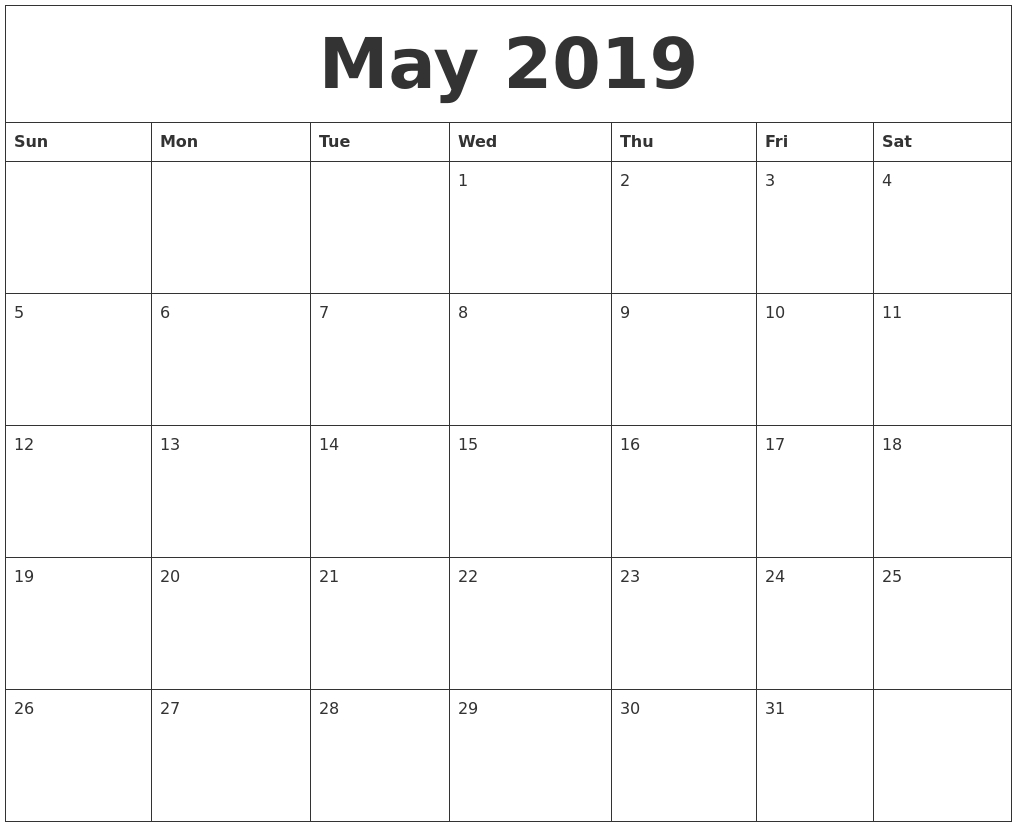 May 2019 Blank Monthly Calendar Template throughout Fill In Monthly Calendar Template