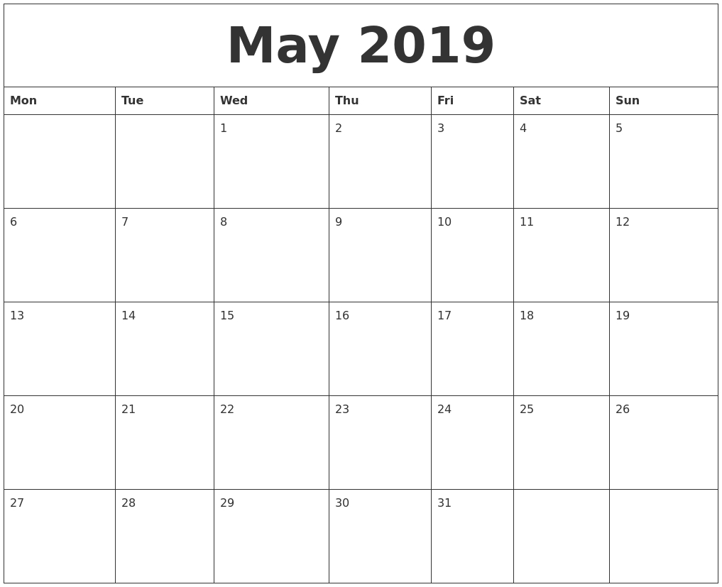 May 2019 Free Printable Monthly Calendar with Printable Monthly Calendar With Lines