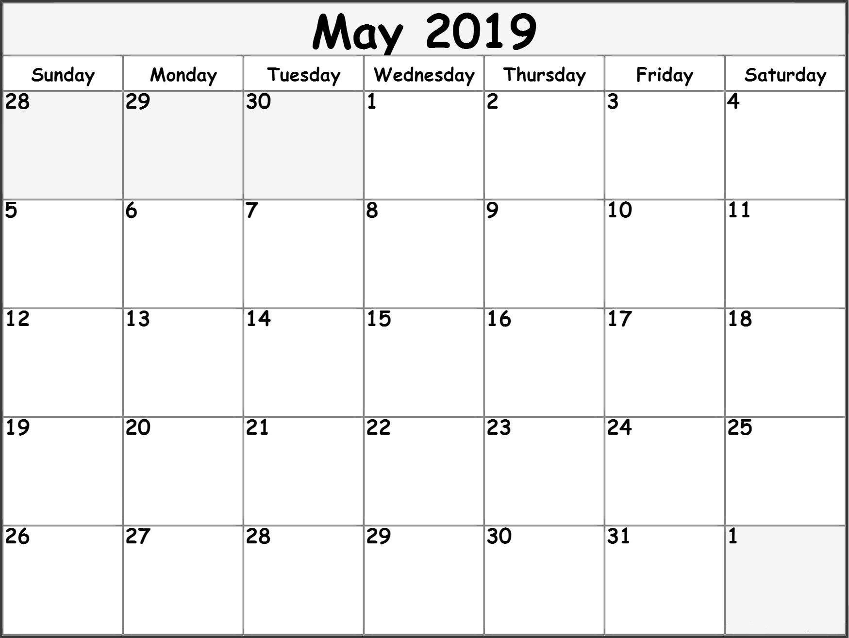 May 2019 Printable Calendar Templates - Free Blank, Pdf, Holidays throughout Free Blank Printable Calendar Template