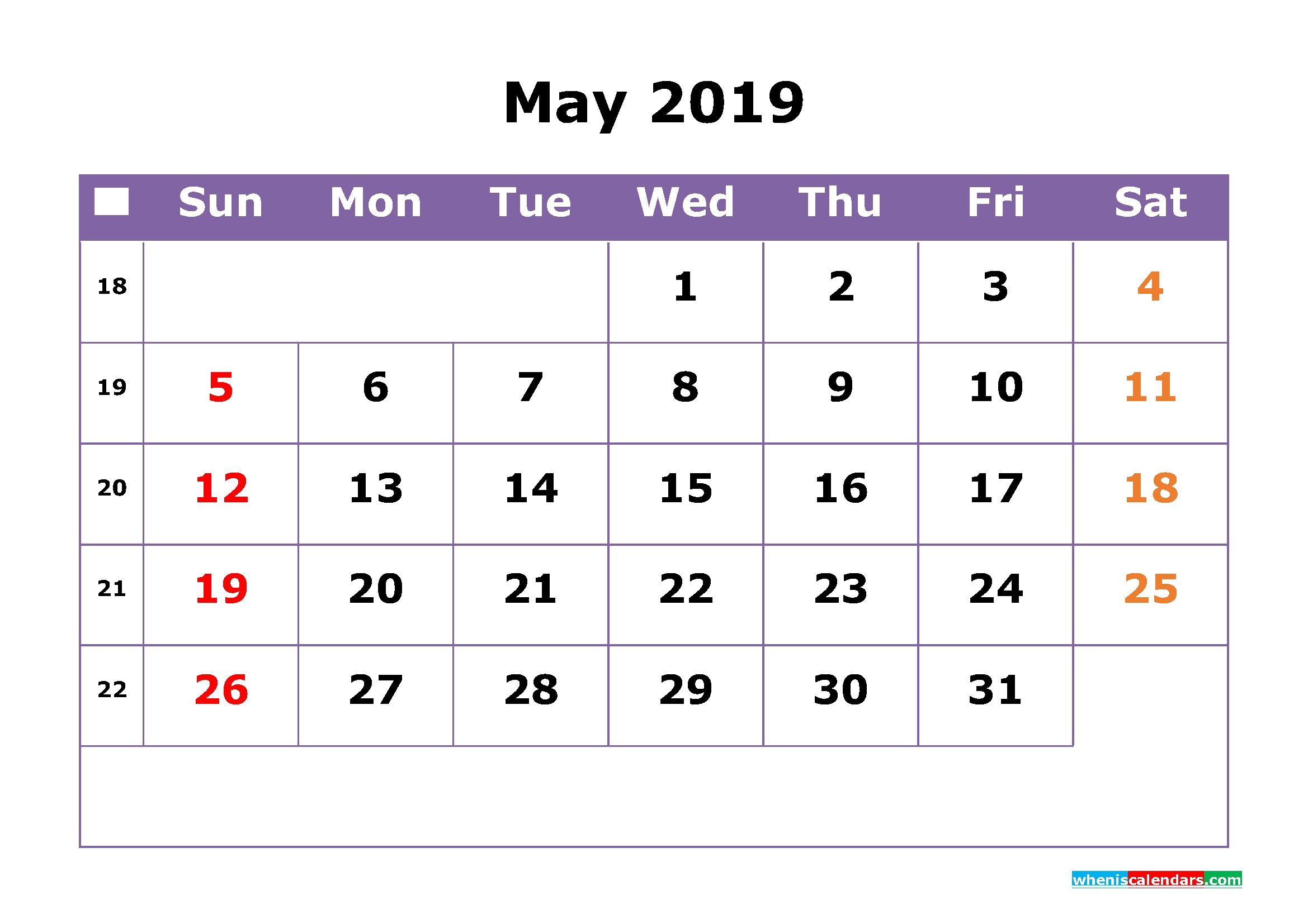 May 2019 Printable Calendar With Week Numbers For Free Download with regard to Calendar By Week With Printable