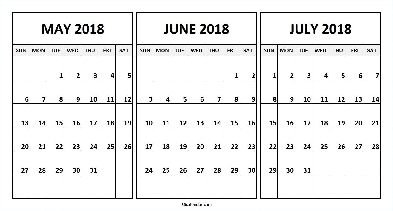 May June July 2018 Calendar To Print Online | 2018 Calendar | June in 3 Month Printable Calendar Online