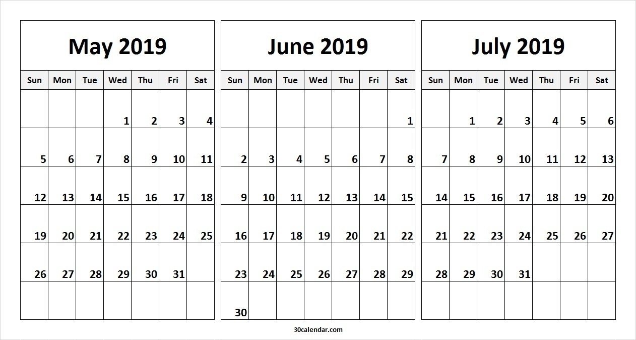 May June July 2019 Calendar (3 Months) Templates Printable – May for 3 Month Calendar Printable Template