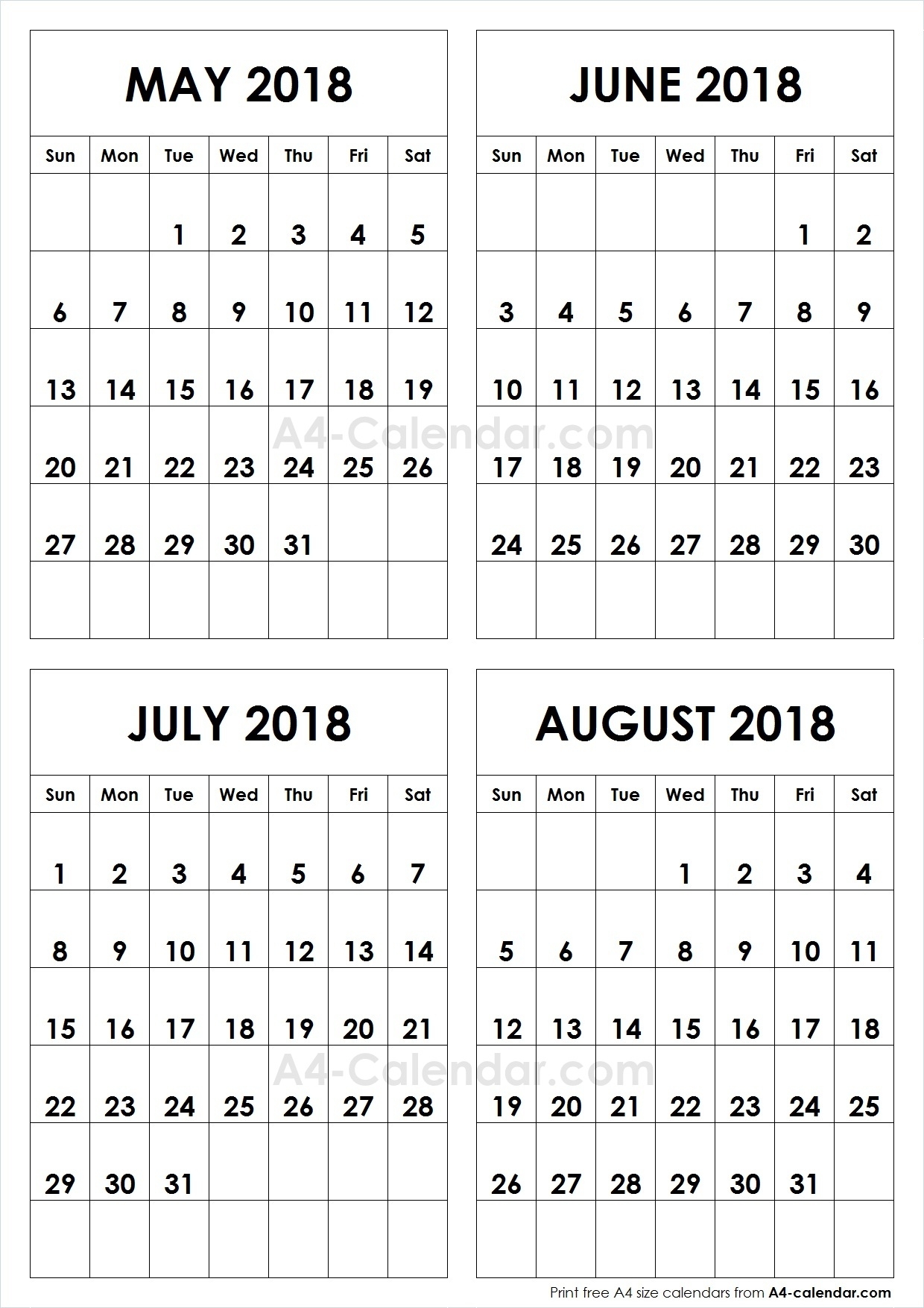 May June July August 2018 A4 Calendar | 4 Month Calendar Template inside Print Month Of June And July