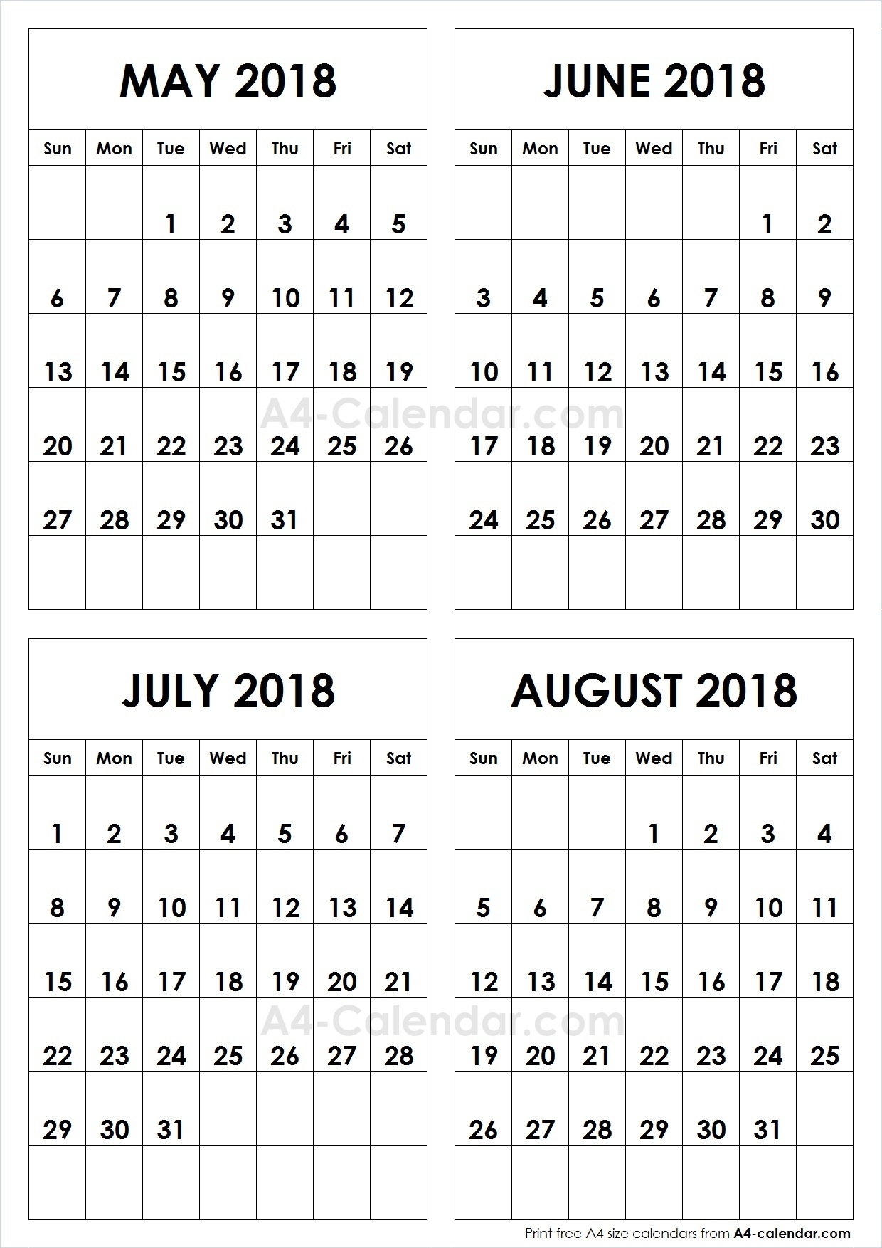 May June July August 2018 A4 Calendar | 4 Month Calendar Template regarding June And July Month Calendar