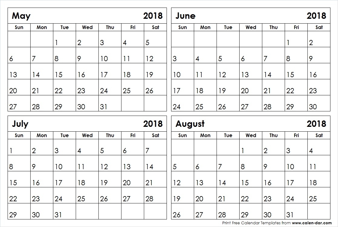 May June July August 2018 Calendar Blank Printable Template with May June July August Calendar