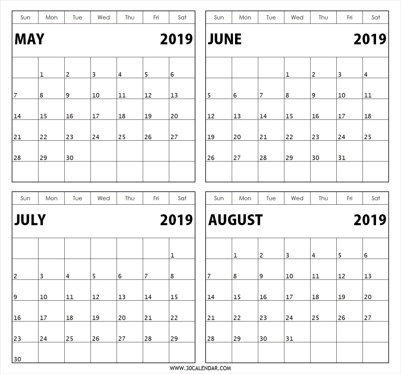 May June July August 2019 Calendar | 4 Months Printable Template within May June July August Calendar