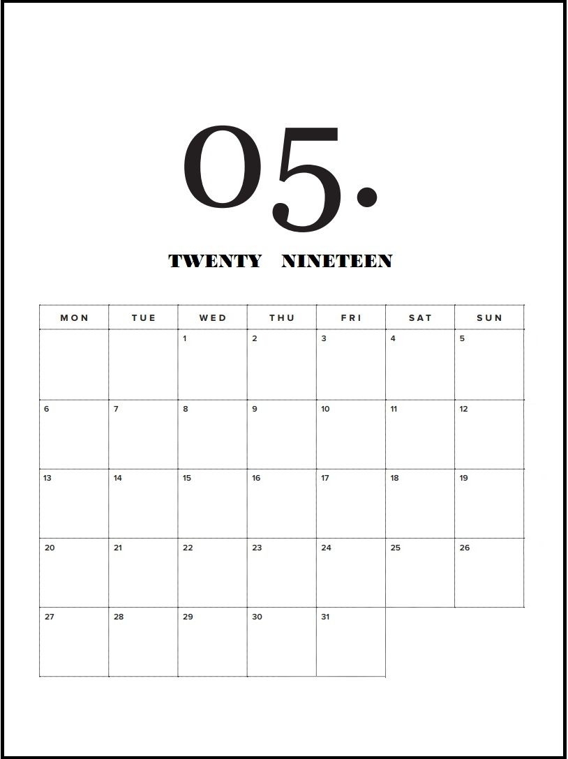 Modern Minimal May 2019 Calendar | Calendar 2019 | 2019 Calendar within Free Printable Blank Advent Activities List Minimal
