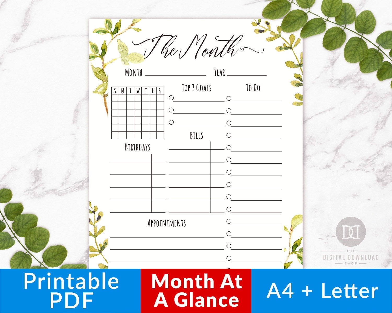 Month At A Glance Printable Watercolor Greenery Monthly | Etsy in Month At A Glance Printable