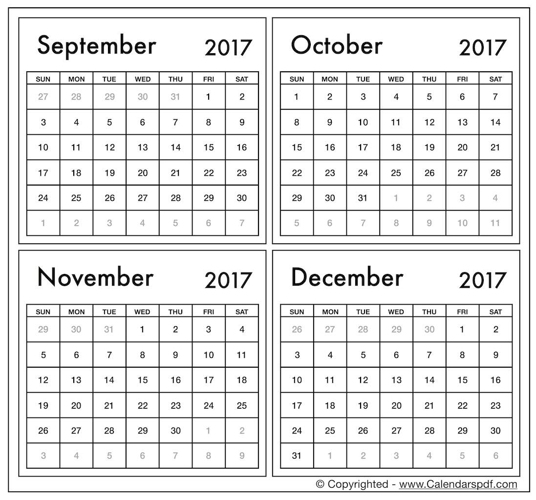 Month Calendar Printable Sept Oct Nov Dec | Template Calendar Printable within Printable Nov Dec 17 Calendar