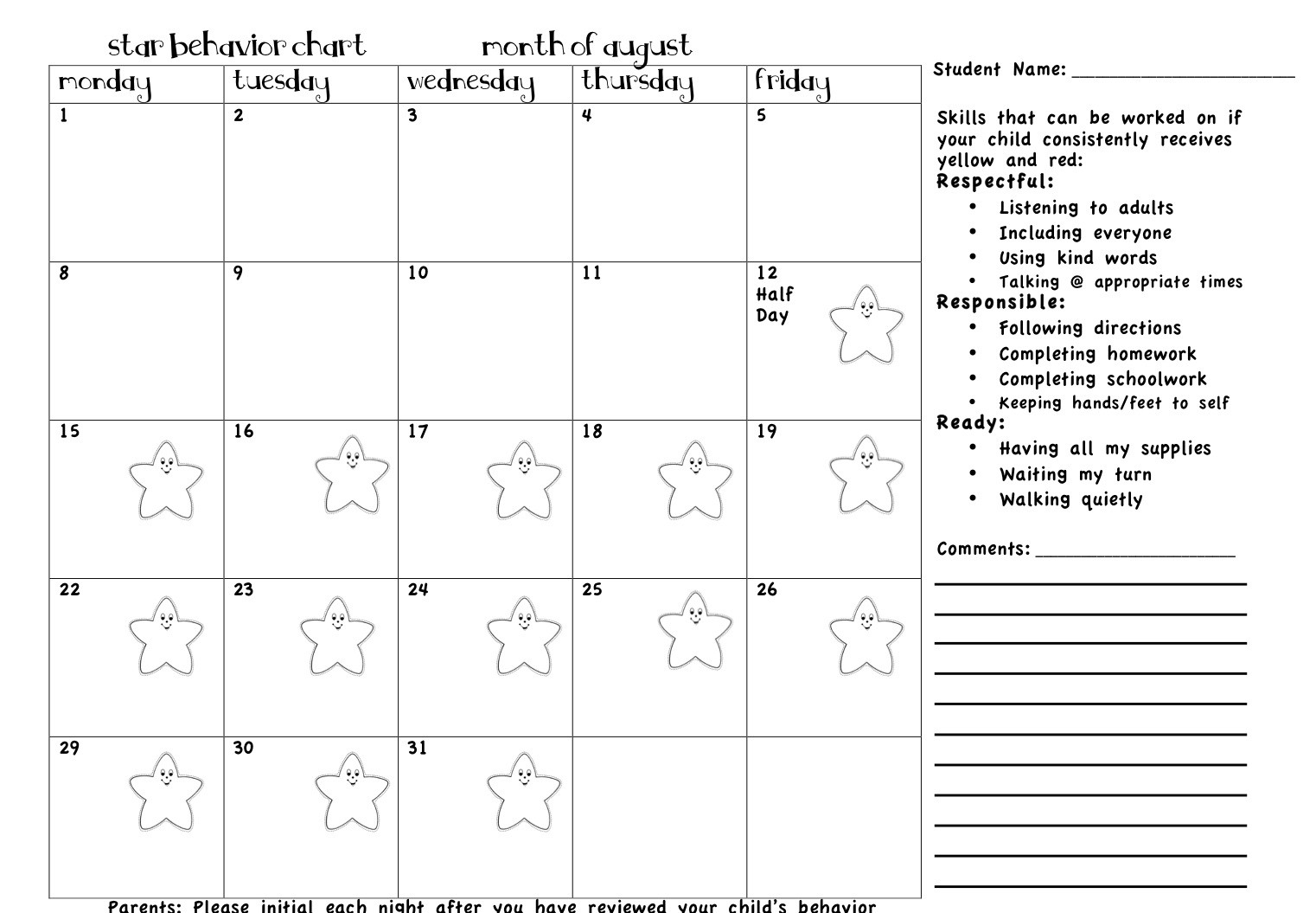 Monthly Behavior Calendar Template - Free Calendar Collection inside Free Behavior Calendars For Kindergarten