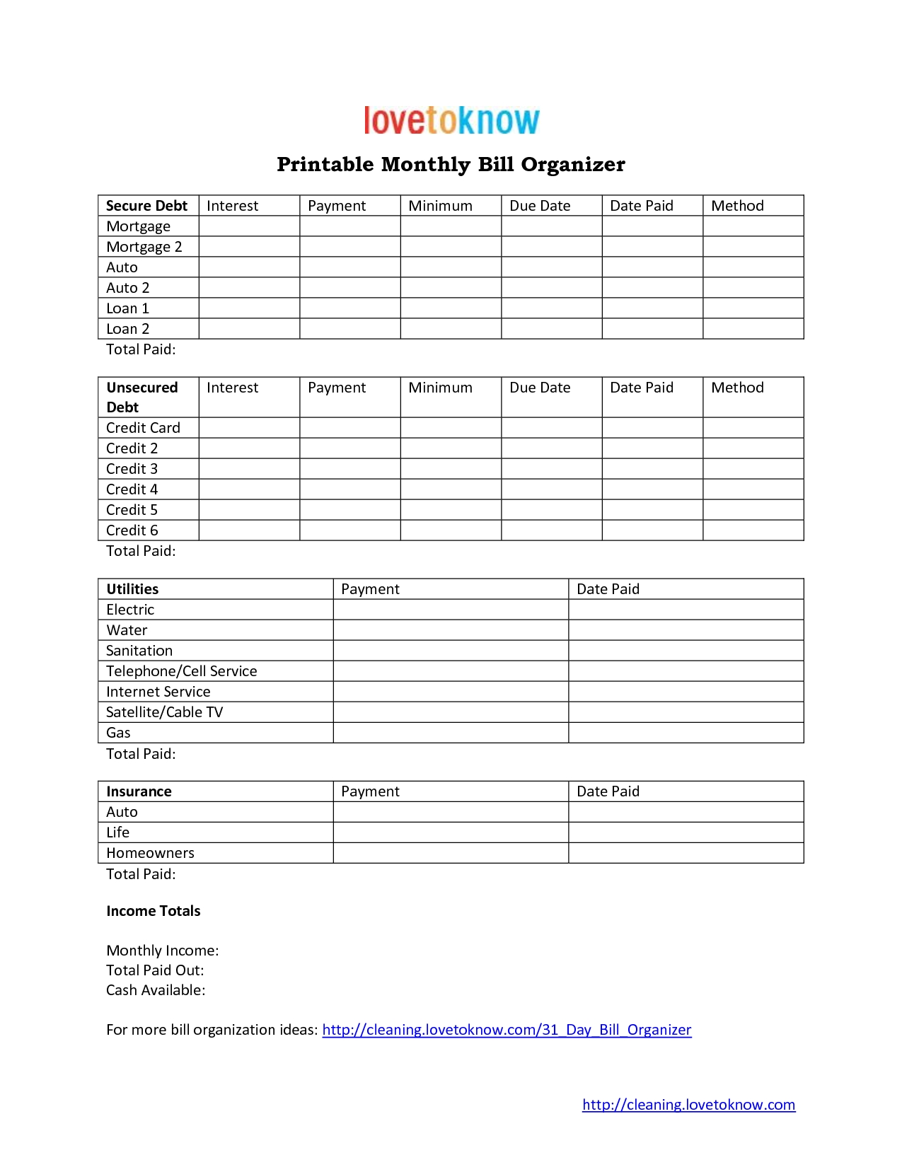 Blank Weekly Bill Organizer Printable Blank Weekly Bill Organizer Printable