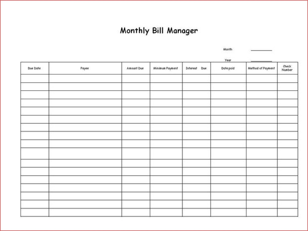 Free Blank Printable Bill Paying Chart