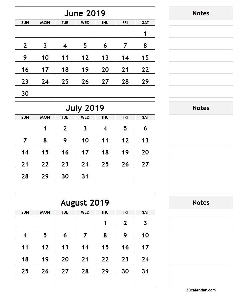 Monthly Calendar June July August 2019 • Printable Blank Calendar intended for June And July Calendar Month