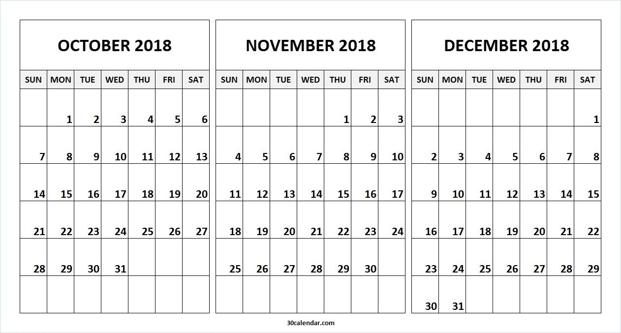 Monthly Calendar November December • Printable Blank Calendar Template with Print Calendar For October November December