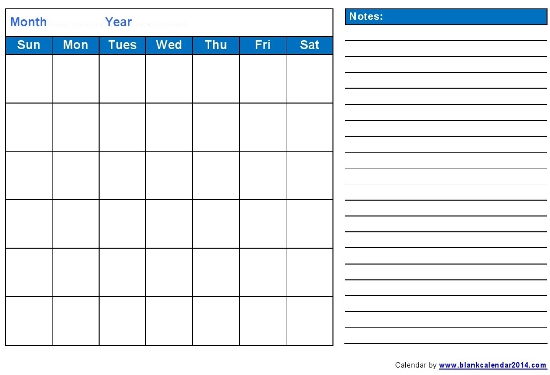 Printable Monthly Calendar With Notes